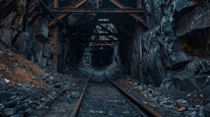 Fototapeta na wymiar Exploring the Haunting Depths of an Abandoned Mine Railway Tunnel