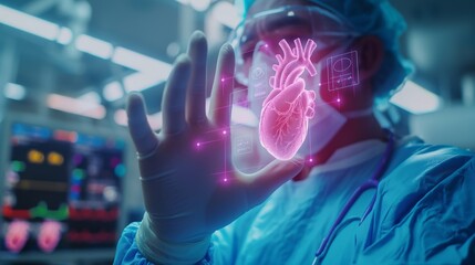  Surgeon uses index finger to touch virtual holographic button about heart system generative ai art