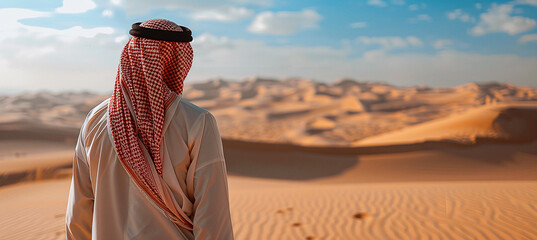Arab man in traditional attire against the background of the desert