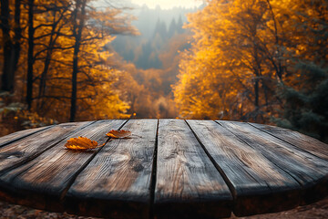 Naklejka na ściany i meble The empty wooden round table top with blur background of boreal forest