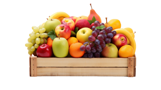 Link Title Multicolored fruits in a crate on white or transparent background