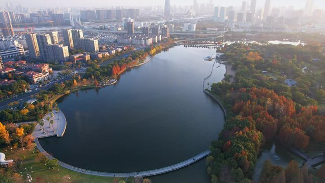 Aerial photography of Rihu Park in Ningbo, Zhejiang Province, China