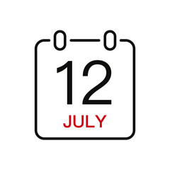 July 12 date on the calendar, vector line stroke icon for user interface. Calendar with date, vector illustration.