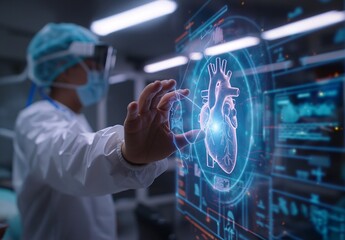 Surgeon uses index finger to touch virtual holographic button about heart system generative ai art