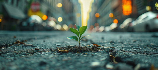 A small plant growing boldly in the middle of a city street - obrazy, fototapety, plakaty