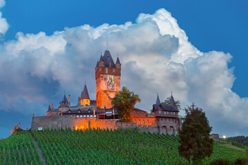 Cochem at sunset, beautiful town on romantic Moselle river, Reichsburg castle on hill, Germany - 757968727