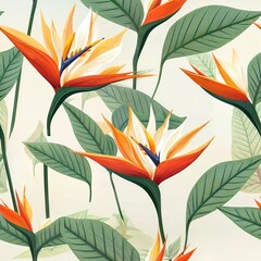 Strelitzia tropical pattern seamless with leaves and flowers