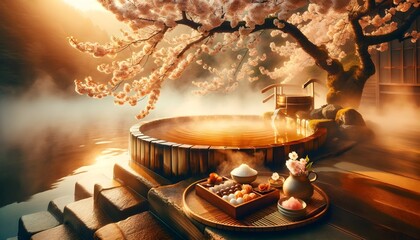 A serene onsen (hot spring) setting under a cherry blossom tree, steam rising gently, and traditional Japanese sweets served on the side