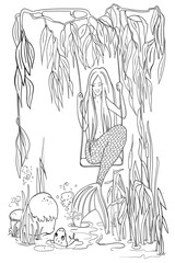 A mermaid on the branches of a willow rides on a swing, a fairy-tale mermaid girl on the shore of a pond, a fairy-tale lake, illustration, for coloring 
