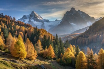 larches in autumnal style in the high mountains - obrazy, fototapety, plakaty
