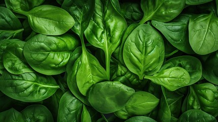 Fototapeta na wymiar Background of pile of fresh green spinach leaves