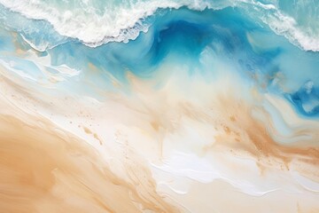 The coastal serenity of an abstract beach, captured from above with delicate light blue transparent water waves and sunlit sands. Summer vacation concept, radiating elegance and tranquility. - obrazy, fototapety, plakaty