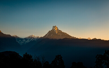 Landscape view of Mount Machhapuchre range in Nepal. 