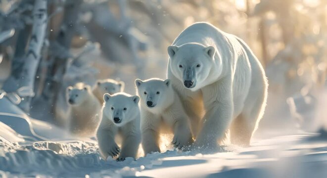 Mother polar bear with cubs navigating through snowy terrain