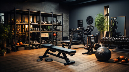 A home gym setup with functional fitness equipment.