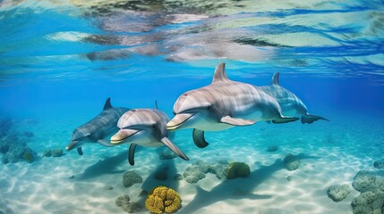 Dolphins Swim in the ocean with clear underwater views