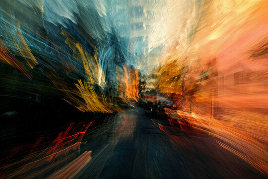 Vivid abstract painting that conveys sense of speed and motion, with sweeping lines and splashes of blue, gold, red on textured background. For themes of speed, energy, dynamic nature of change