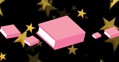Naklejka premium Image of glowing stars over pink books on black background