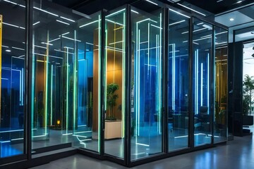 A translucent glass door in a high-tech showroom, the most recent gadgets and advancements. 