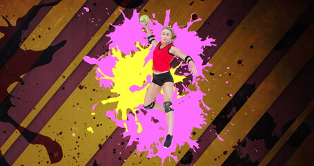 Image of caucasian female handball player holding ball over colorful stains
