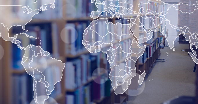 Image of world map and glowing spots over books on shelf