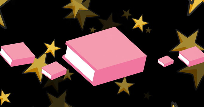 Image of glowing stars over pink books on black background
