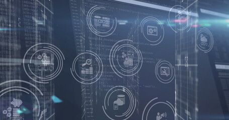 Image of multiple digital icons over screens with data processing against blue background
