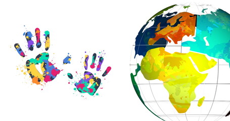 Image of handprints and globe on white background - 757970576