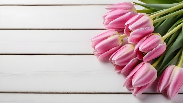 Mother day, pink tulips on white wooden background, top view. Blooms for mom with copy space. Bride beautiful bouquet, Birthday, Valentine day, Easter, Wedding , banner