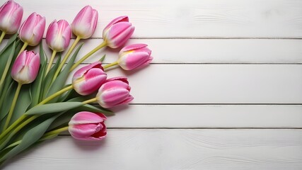 Obraz na płótnie Canvas Mother day, pink tulips on white wooden background, top view. Blooms for mom with copy space. Bride beautiful bouquet, Birthday, Valentine day, Easter, Wedding , banner