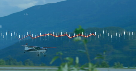 Image of heart rhythm and moving lines with numbers over airplane landing on runway