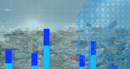 Fototapeta premium Image of graphs and map over sun in clouds and low angle view of dumping ground