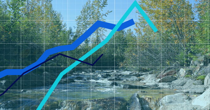 Fototapeta Image of multiple graphs over stream in forest against clear sky