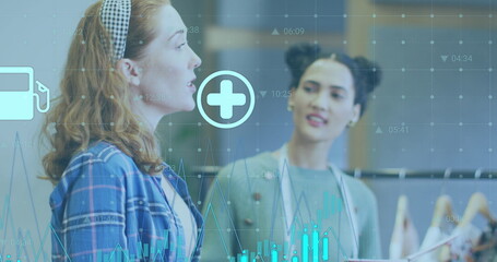 Image of financial data processing over diverse business people in office