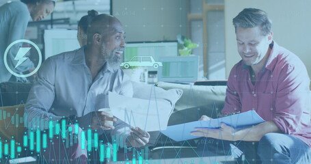 Image of financial data processing over diverse business people in office