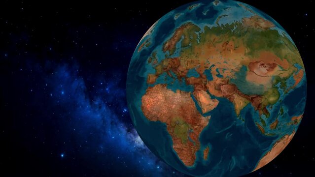 The Earth rotates at an angle, a large radius. You can see the maps of Eurasia, Africa, and Australia
