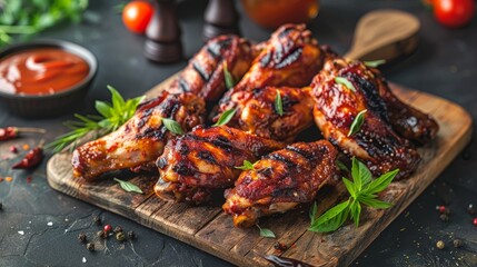 a group of chicken wings on a wooden board
