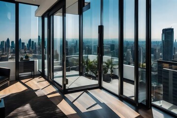 A trendy sliding glass door in a luxury penthouse, offering up to a panoramic city view. 