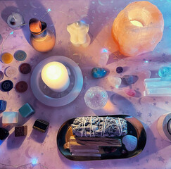 Background ritual healing, crystals,  stones, candles. The practice of magic spells and cleansing. Witchcraft