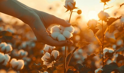 Farmer hand picking white boll of cotton. Cotton farm. Field of cotton plants. - obrazy, fototapety, plakaty