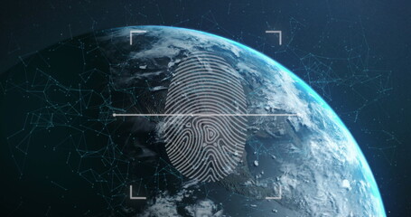 Image of biometric fingerprint and scope scanning over globe