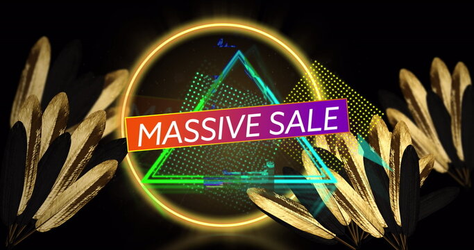 Image of massive sale text and neon shapes over leaves on black background