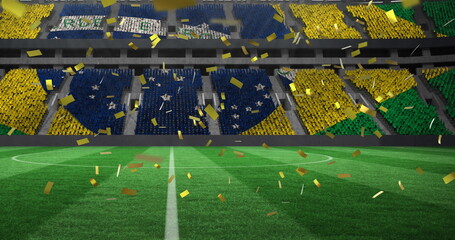 Image of confetti falling over brazilian flag in empty sports stadium