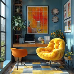 Quirky home office with colorful artwork and unconventional furniture3D render. - obrazy, fototapety, plakaty