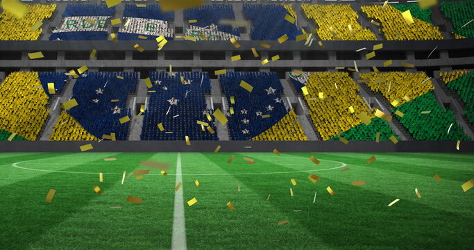 Image of confetti falling over brazilian flag in empty sports stadium - Powered by Adobe