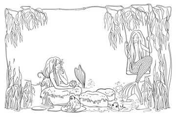 Mermaid girls dream, mermaids swim in the pond, fairy pond with mermaids, illustration, for coloring
