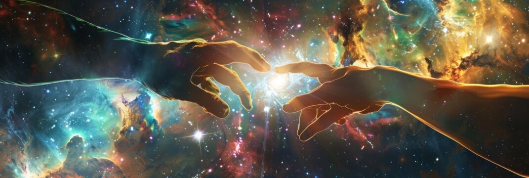 Conceptual design of a hand reaching out from a galaxy, touching a human hand against a backdrop of cosmic energy, denoting connection and creation