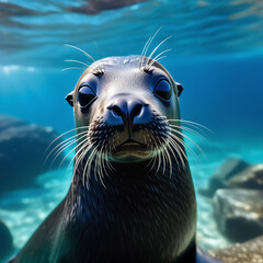 Seal on the ocean floor. undersea worldseal, reefs, algae, underwater world, ocean, sea, water,