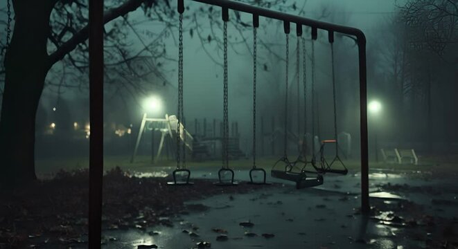 A chilling scene of an abandoned playground at night, with swings moving on their own