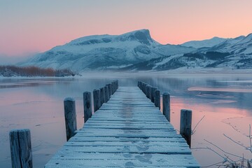 A wooden pier is in front of a mountain range